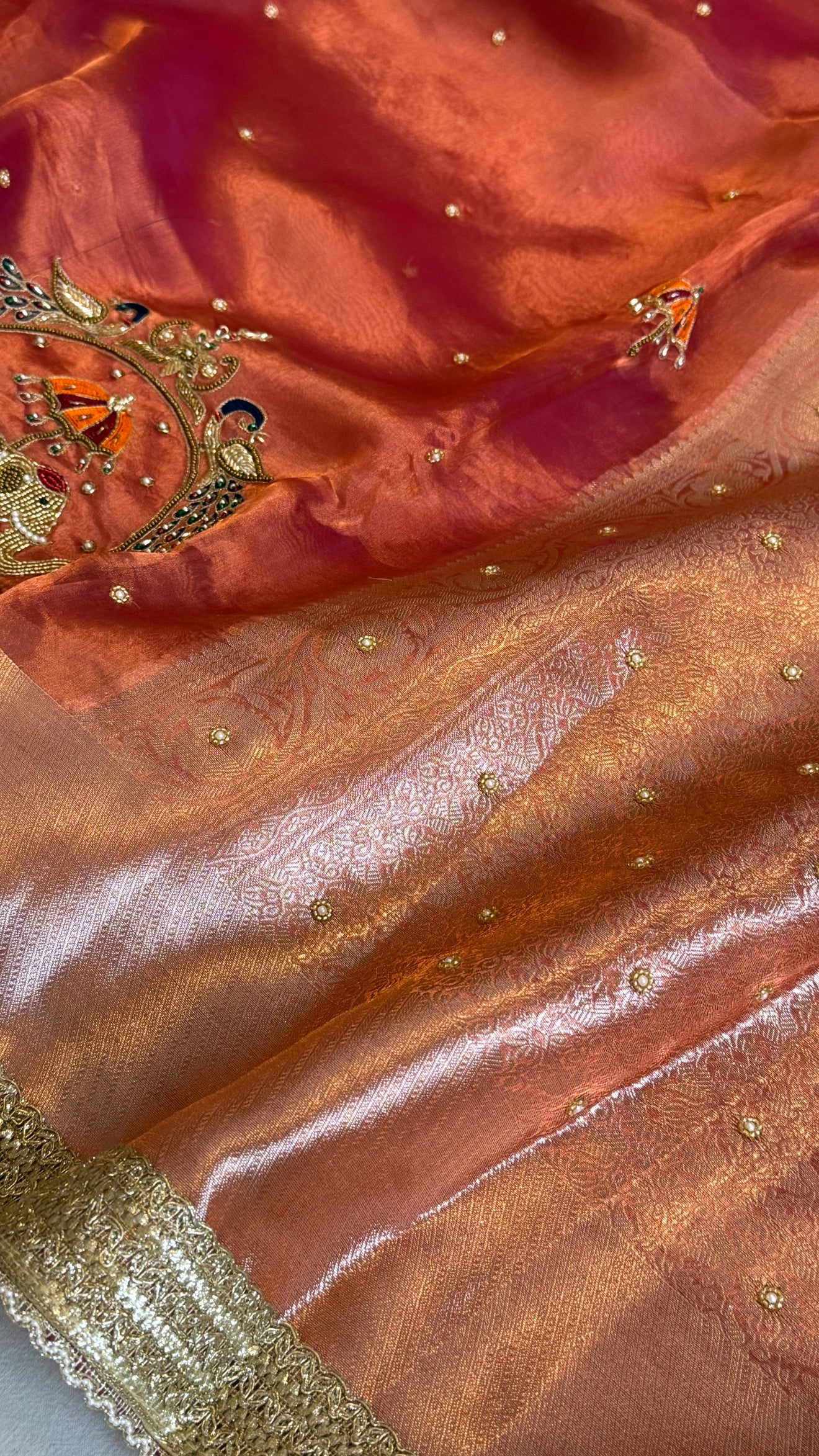 Hathi , ghoda aur palki wali saree - Husn tissue silk hand embroidered saree